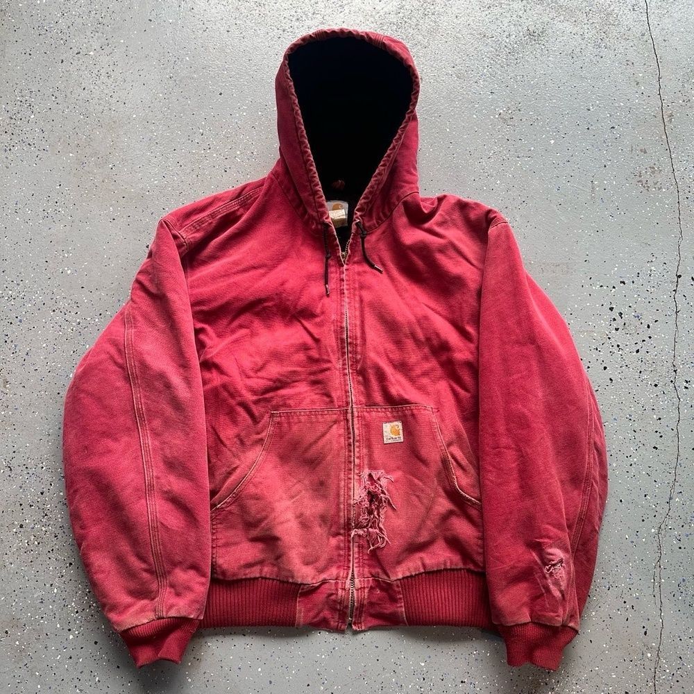 VTG Carhartt Faded Red Bomber Hooded Jacket Distressed XL Rare